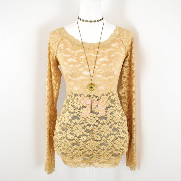 VTG 00s Y2K Moda International VS Tan Sheer Floral Lace Long Sleeve Top Sz S - Picture 4 of 6